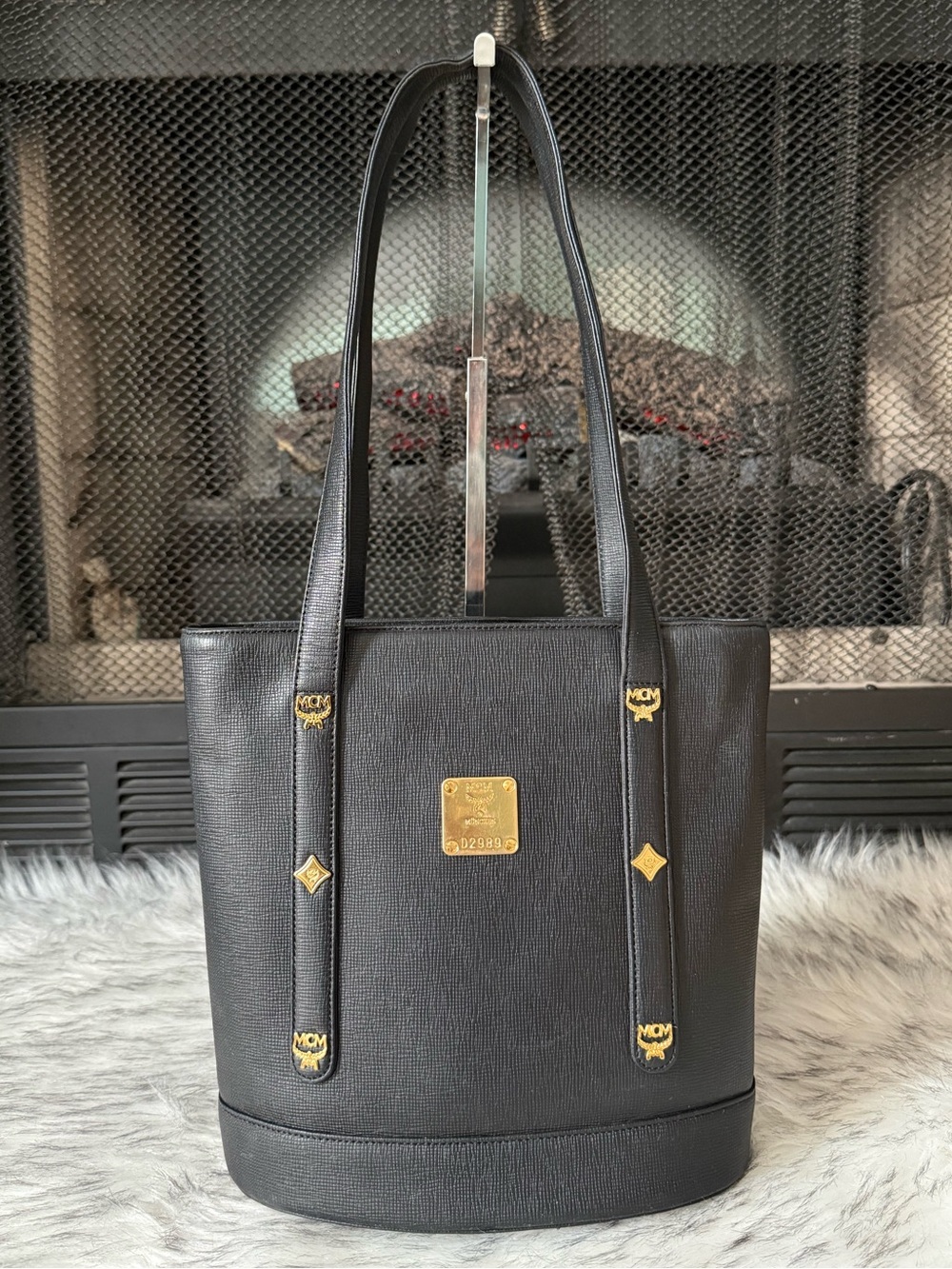 MCM Black Leather Tote with Gold Plaque